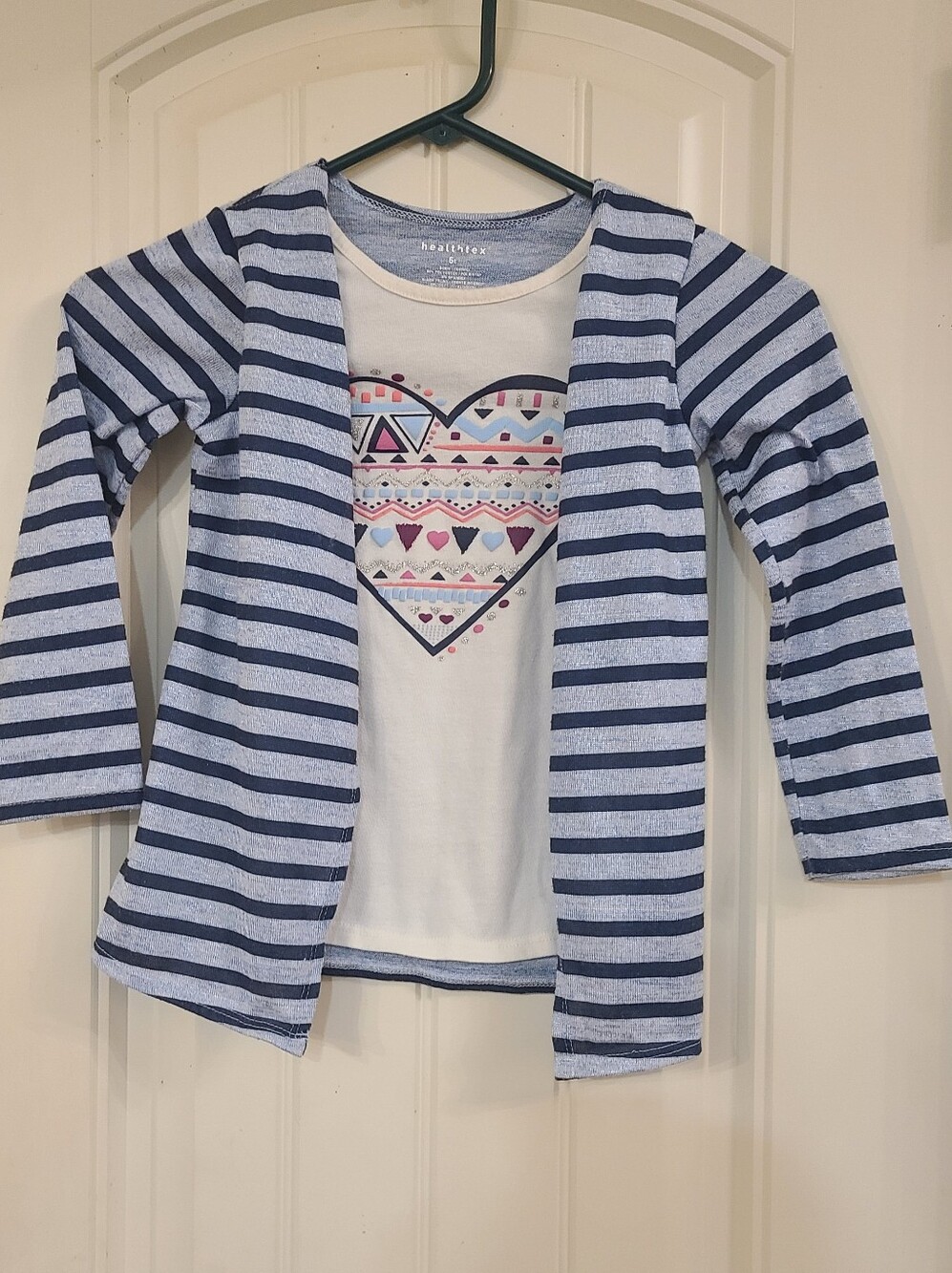 healthtex Blue & White Striped Cardigan with Attached Heart Graphic Tee Size 5T